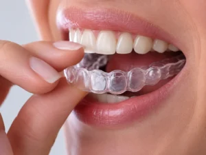 Ortodoncia y alineadores invisibles Retenedor dental transparente sobre un modelo dental de yeso